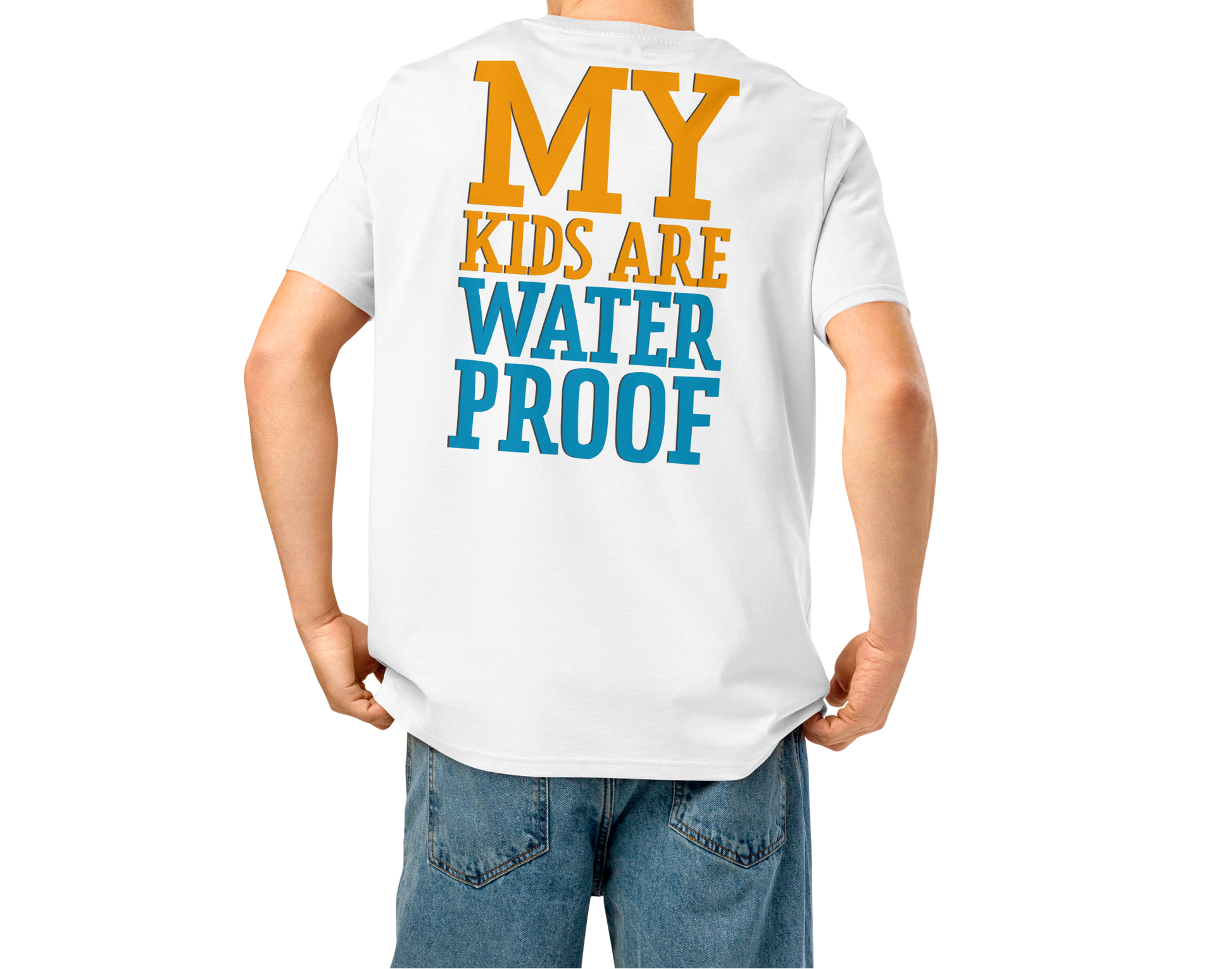 Person wearing a white swim mom organic cotton t-shirt with 'MY KIDS ARE WATERPROOF' text on the back.