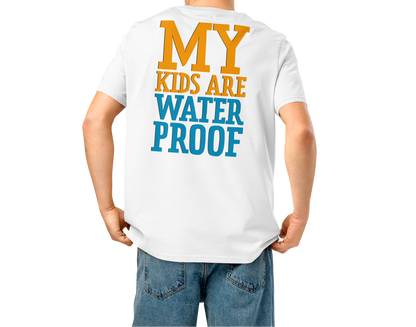 Person wearing a white swim mom organic cotton t-shirt with 'MY KIDS ARE WATERPROOF' text on the back.