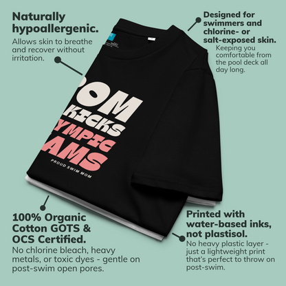 Black organic swim mom shirt with colorful text on a light green background, featuring text about the t-shirt's features.