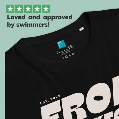Black organic swim mom shirt with Lane Line Threads branding and text on a light blue background