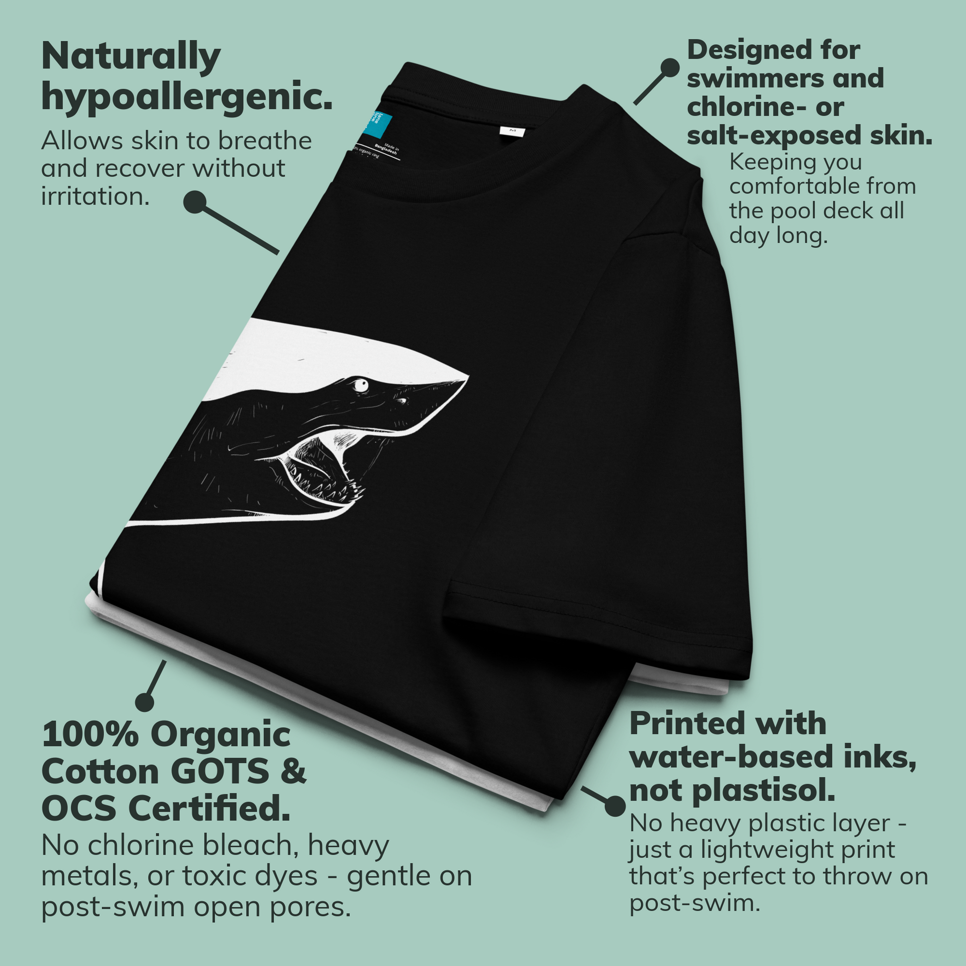 Black organic swim mom shirt with a shark design on a light green background, featuring text about their features.