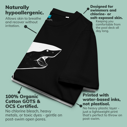 Black organic swim mom shirt with a shark design on a light green background, featuring text about their features.
