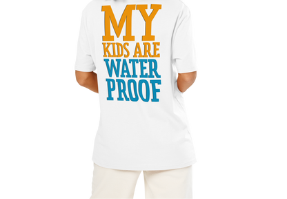 Person wearing a white swim mom organic cotton t-shirt with 'MY KIDS ARE WATERPROOF' text on the back.