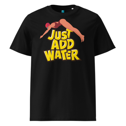 Black organic swim shirt with “JUST ADD WATER” text and vintage dive graphic, made from 100% biodegradable cotton for eco-conscious swimmers.