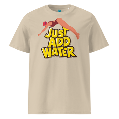 Beige organic swim shirt with “JUST ADD WATER” text and vintage dive graphic, made from 100% biodegradable cotton for eco-conscious swimmers.