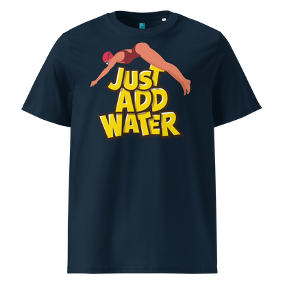 Navy organic swim shirt with “JUST ADD WATER” text and vintage dive graphic, made from 100% biodegradable cotton for eco-conscious swimmers.