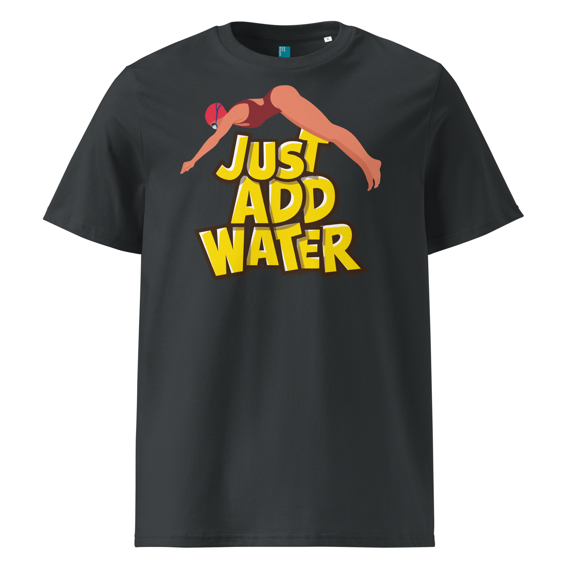 Grey organic swim shirt with “JUST ADD WATER” text and vintage dive graphic, made from 100% biodegradable cotton for eco-conscious swimmers.