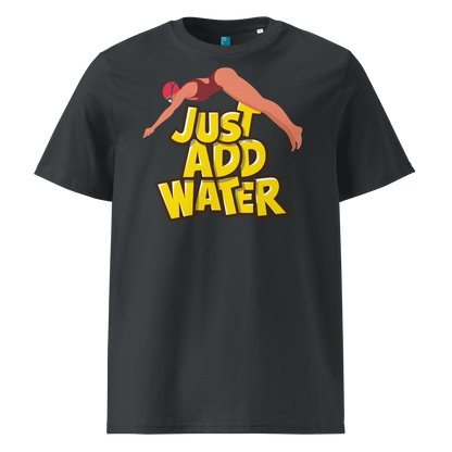 Grey organic swim shirt with “JUST ADD WATER” text and vintage dive graphic, made from 100% biodegradable cotton for eco-conscious swimmers.