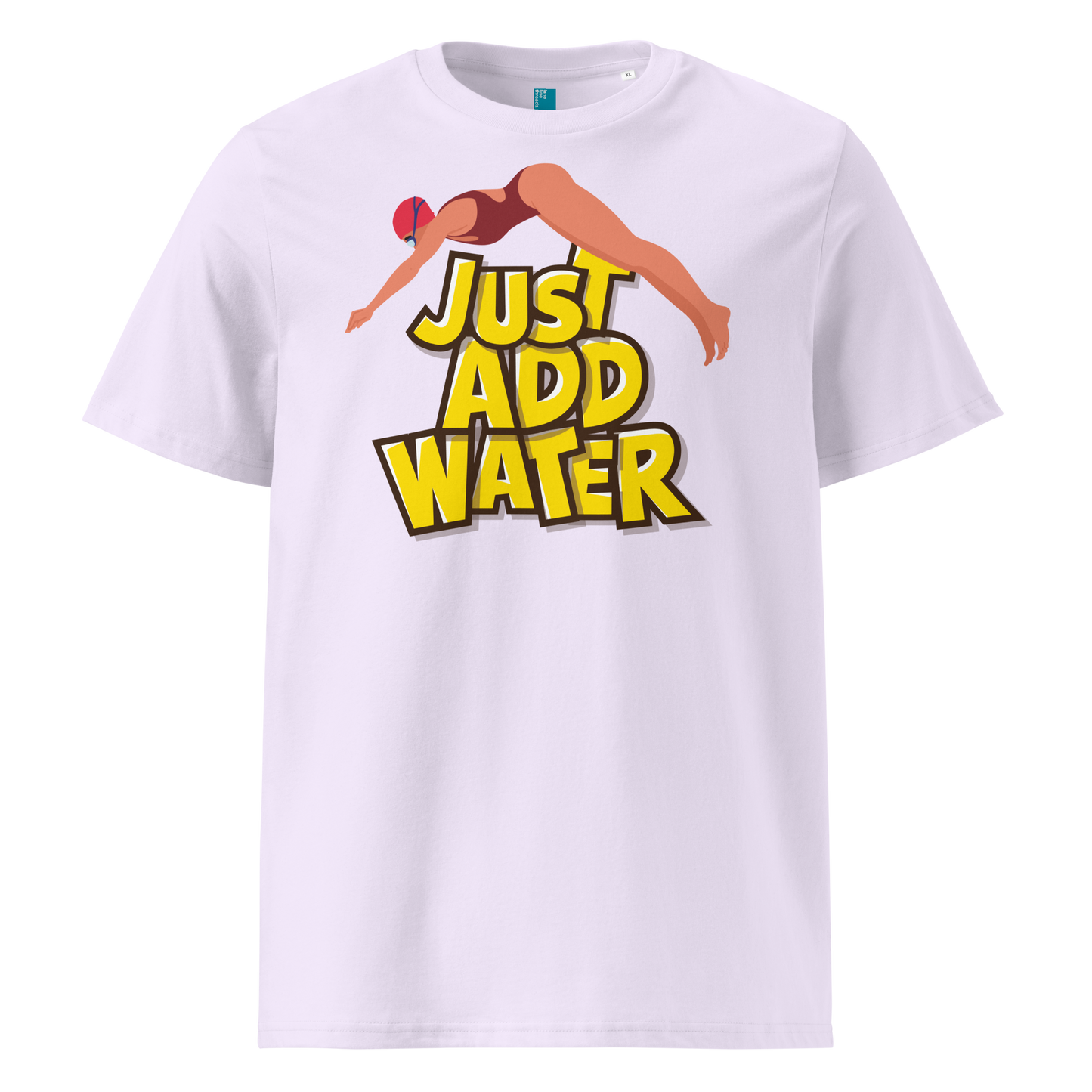 Lavender organic swim shirt with “JUST ADD WATER” text and vintage dive graphic, made from 100% biodegradable cotton for eco-conscious swimmers.