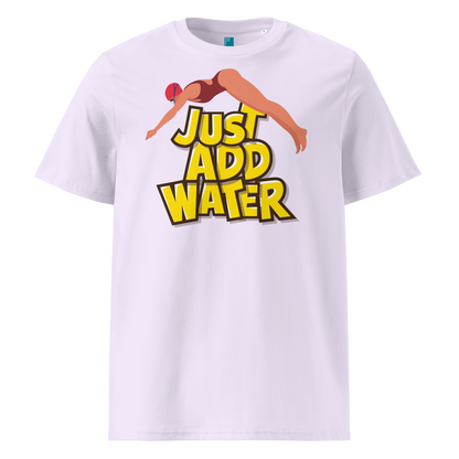 Lavender organic swim shirt with “JUST ADD WATER” text and vintage dive graphic, made from 100% biodegradable cotton for eco-conscious swimmers.