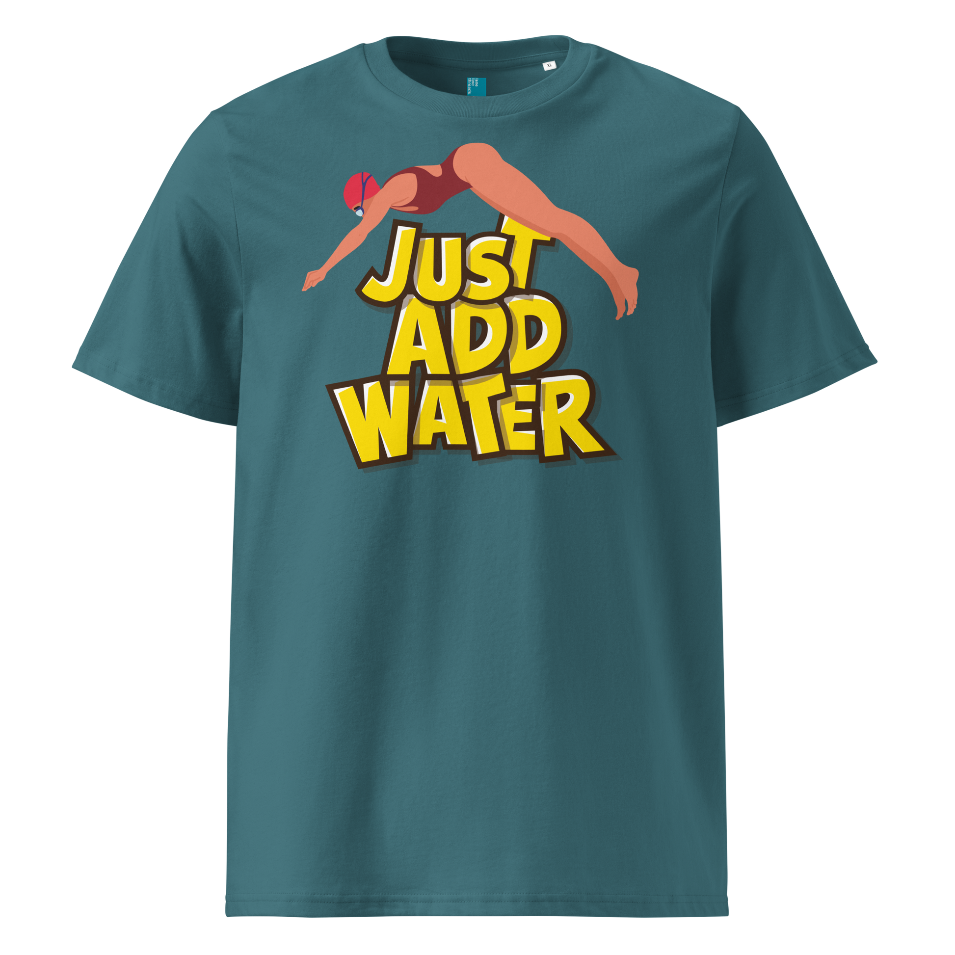 Teal organic swim shirt with “JUST ADD WATER” text and vintage dive graphic, made from 100% biodegradable cotton for eco-conscious swimmers.