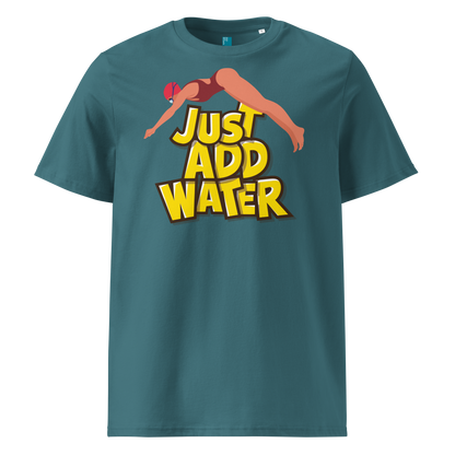 Teal organic swim shirt with “JUST ADD WATER” text and vintage dive graphic, made from 100% biodegradable cotton for eco-conscious swimmers.