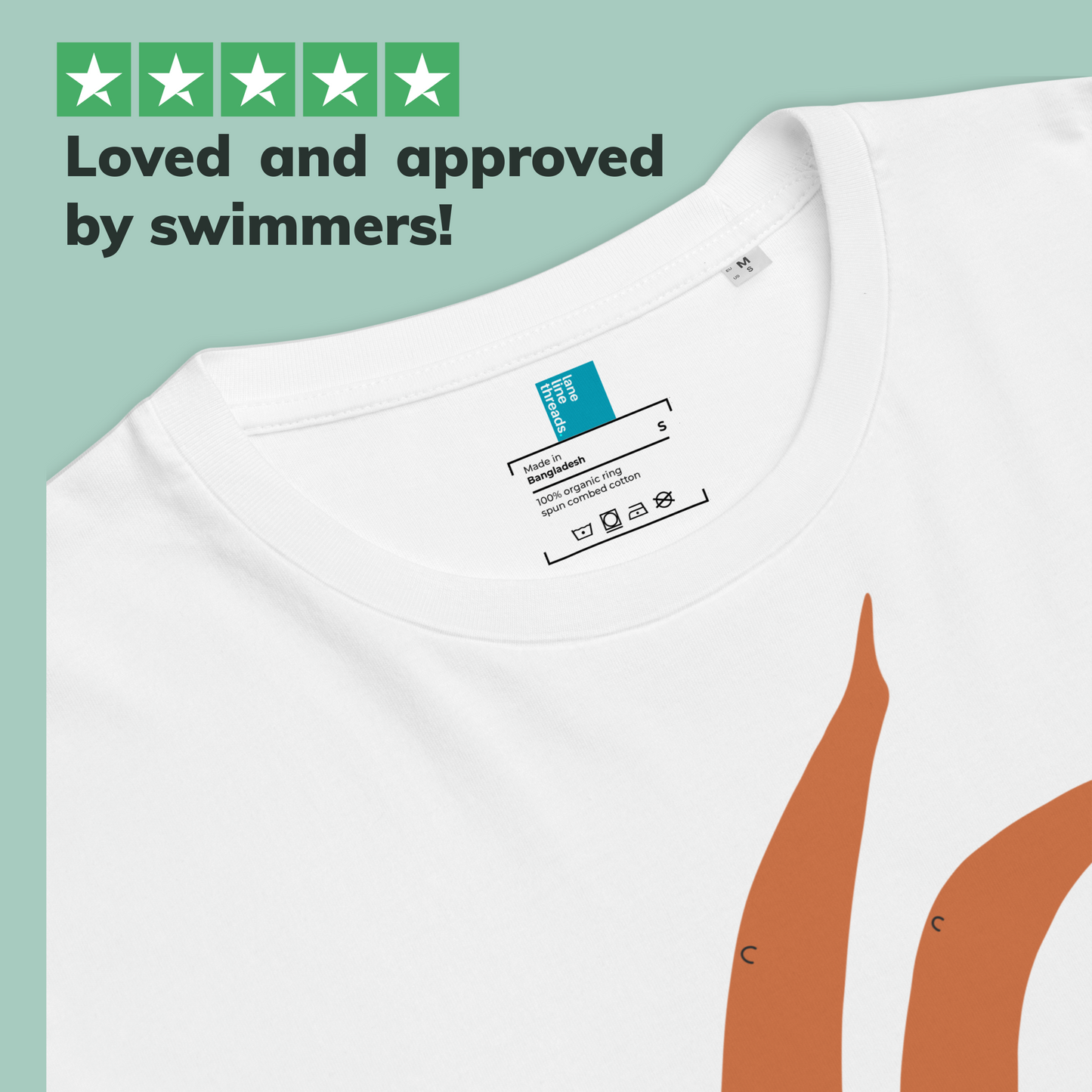 White organic swim shirt with brown design and Lane Line Threads brand label on a light green background.
