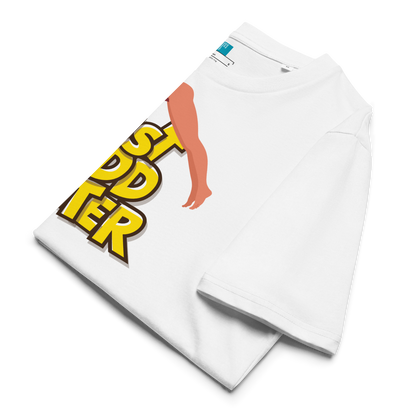 Folded white organic swim shirt with “JUST ADD WATER” text and vintage dive graphic, made from 100% biodegradable cotton for eco-conscious swimmers.