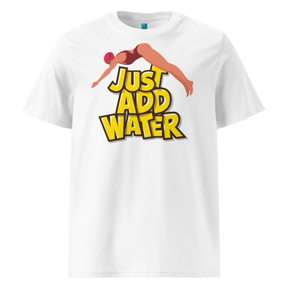 White organic swim shirt with “JUST ADD WATER” text and vintage dive graphic, made from 100% biodegradable cotton for eco-conscious swimmers.