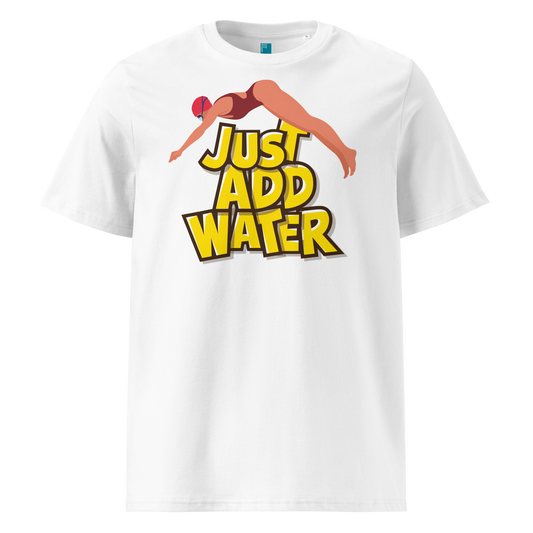 White organic swim shirt with “JUST ADD WATER” text and vintage dive graphic, made from 100% biodegradable cotton for eco-conscious swimmers.