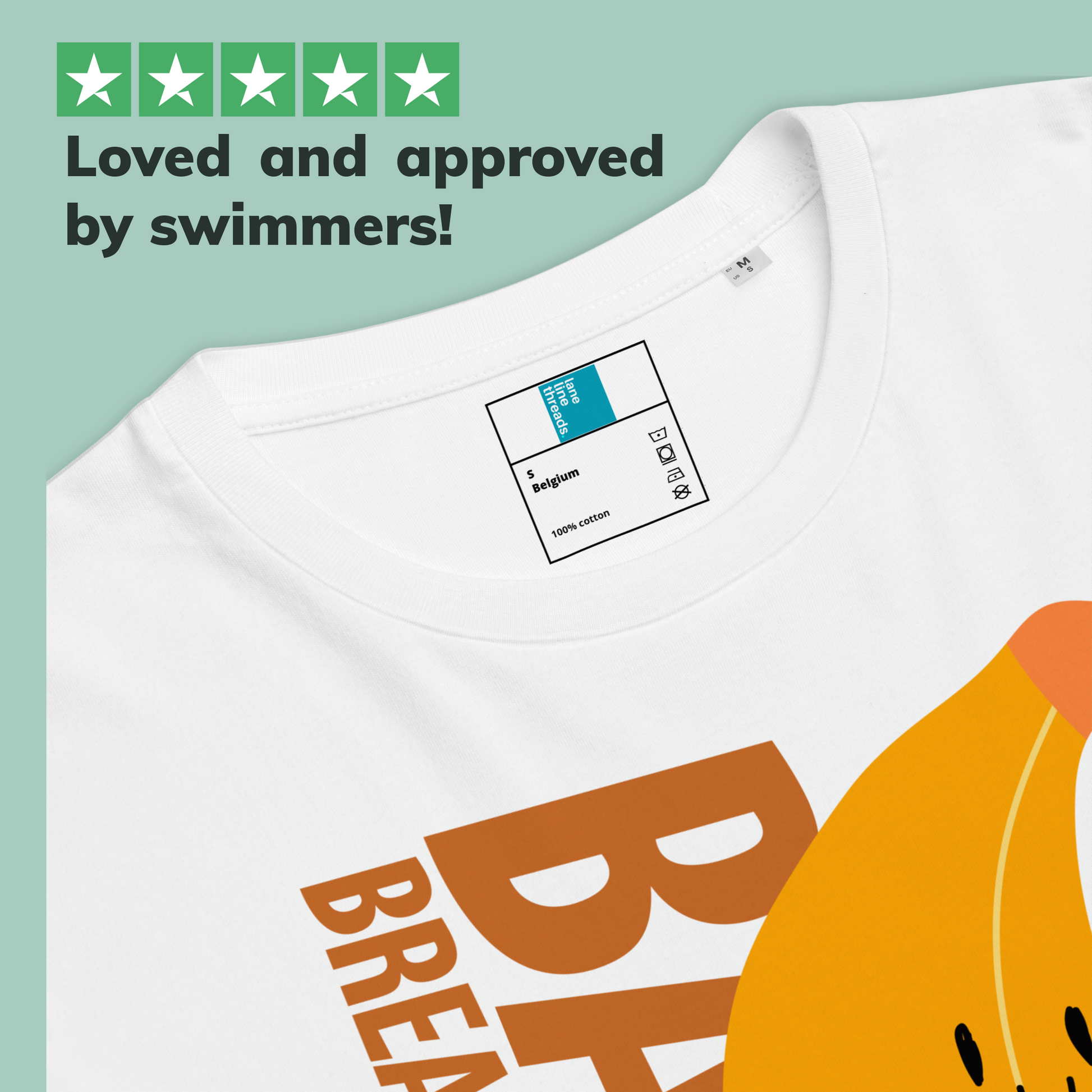 White organic swim shirt with orange and brown design and Lane Line Threads brand label on a light green background