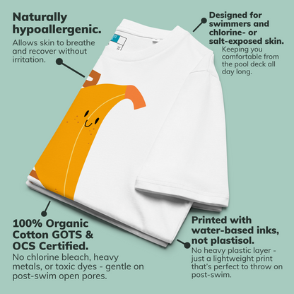 White organic swim shirt with a cartoon banana on a light green background, featuring text about product features.