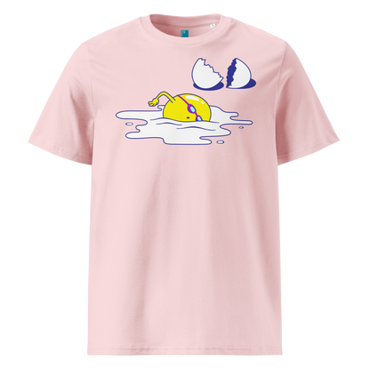 Pink organic swim shirt featuring a humorous egg swimmer graphic in goggles and cap, eco-friendly t-shirt for swimmers by Lane Line Threads.