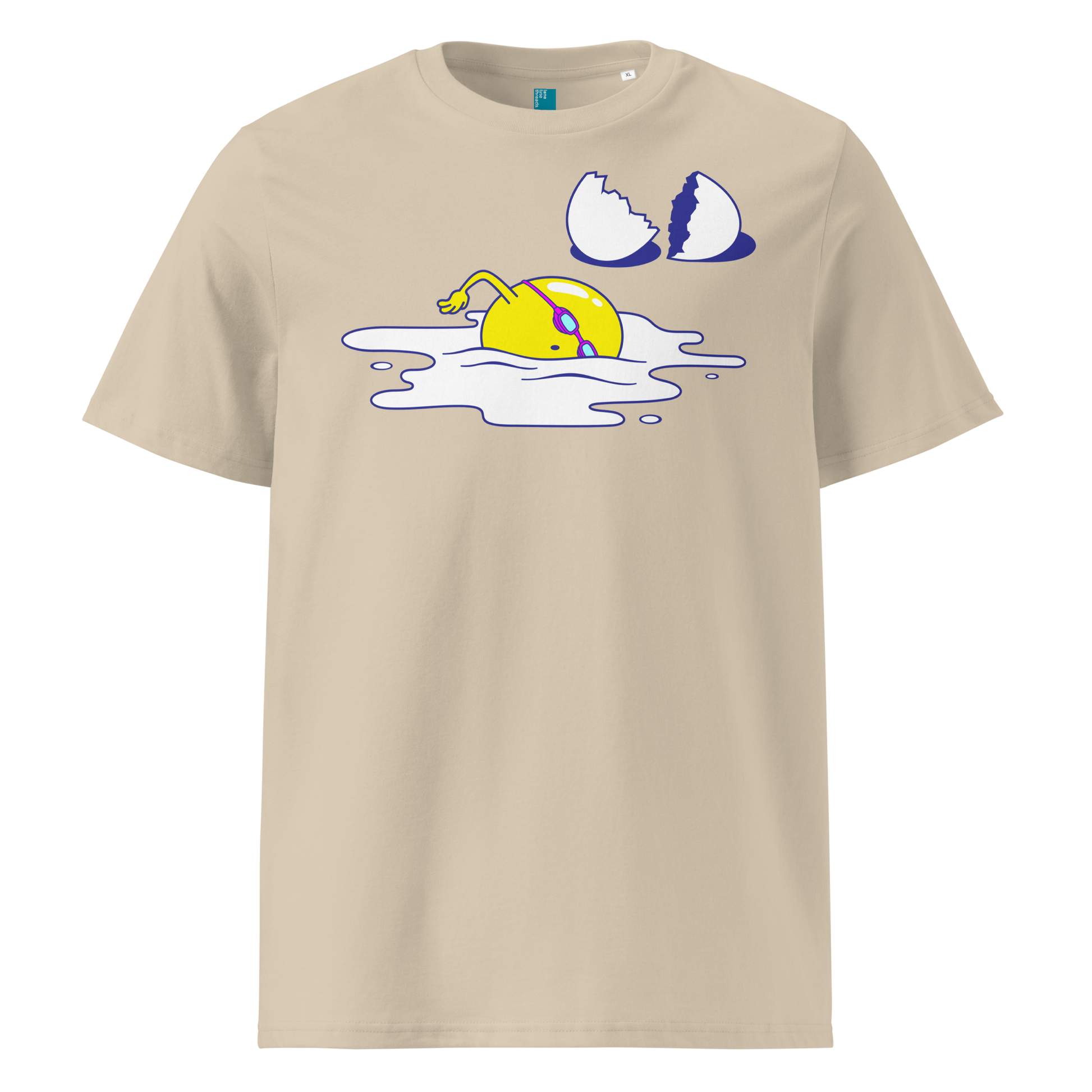 Beige organic swim shirt featuring a humorous egg swimmer graphic in goggles and cap, eco-friendly t-shirt for swimmers by Lane Line Threads.