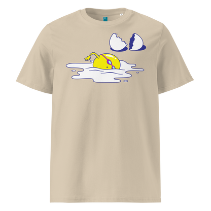 Beige organic swim shirt featuring a humorous egg swimmer graphic in goggles and cap, eco-friendly t-shirt for swimmers by Lane Line Threads.