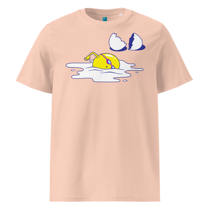 Peach organic swim shirt featuring a humorous egg swimmer graphic in goggles and cap, eco-friendly t-shirt for swimmers by Lane Line Threads.