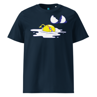 Navy organic swim shirt featuring a humorous egg swimmer graphic in goggles and cap, eco-friendly t-shirt for swimmers by Lane Line Threads.