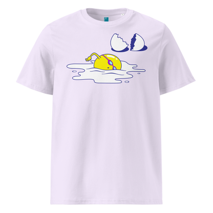 Lavender organic swim shirt featuring a humorous egg swimmer graphic in goggles and cap, eco-friendly t-shirt for swimmers by Lane Line Threads.