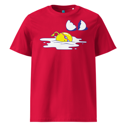 Red organic swim shirt featuring a humorous egg swimmer graphic in goggles and cap, eco-friendly t-shirt for swimmers by Lane Line Threads.