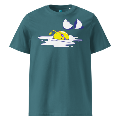 Teal organic swim shirt featuring a humorous egg swimmer graphic in goggles and cap, eco-friendly t-shirt for swimmers by Lane Line Threads.