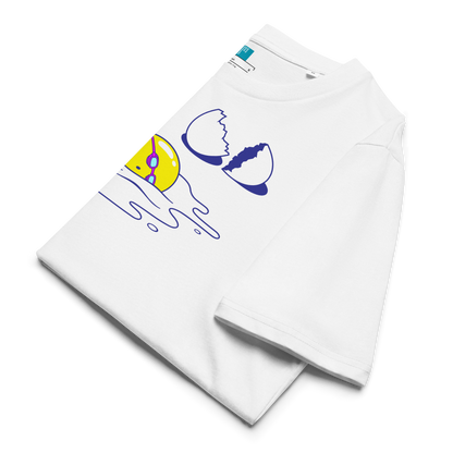 Folded white organic swim shirt featuring a humorous egg swimmer graphic in goggles and cap, eco-friendly t-shirt for swimmers by Lane Line Threads.