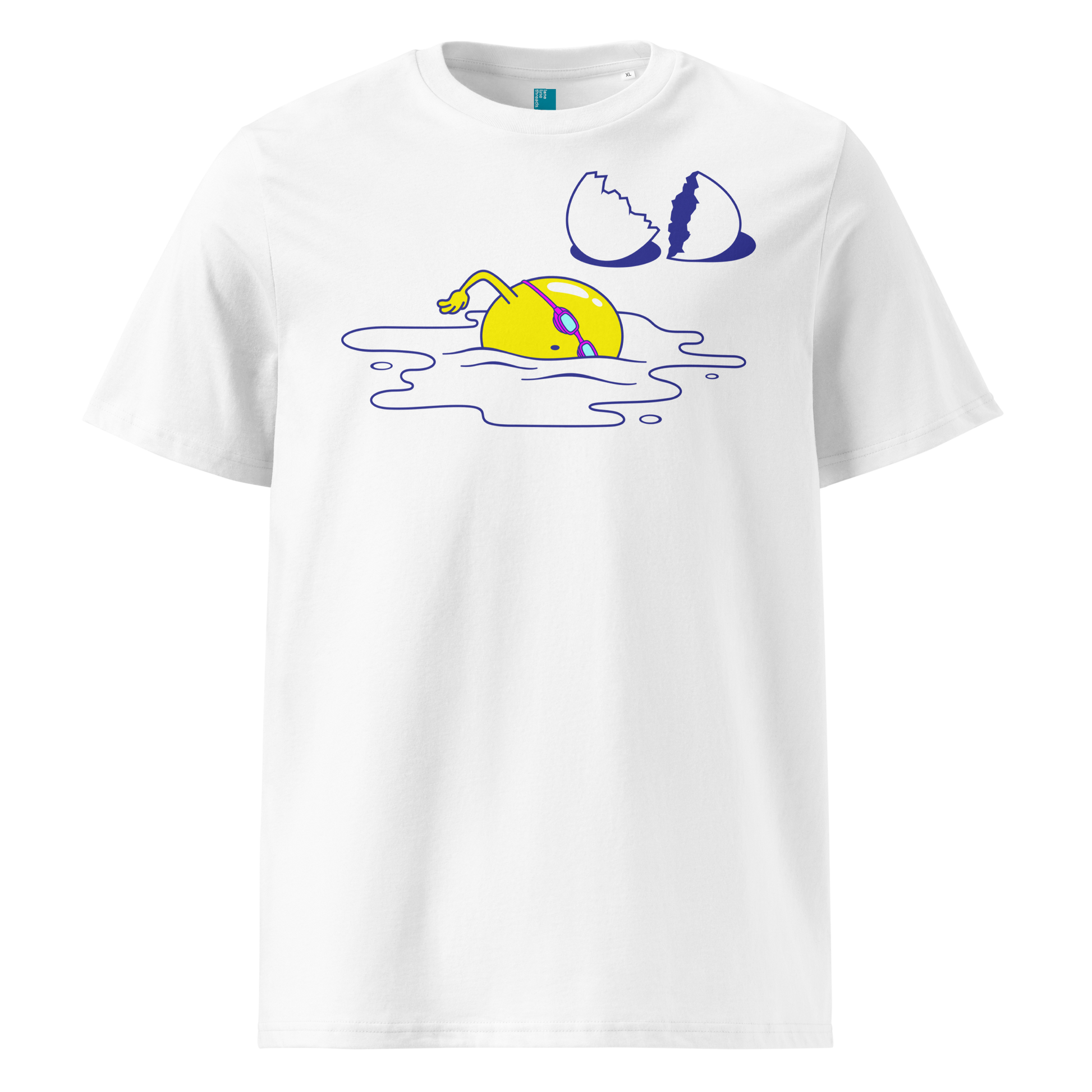 White organic swim shirt featuring a humorous egg swimmer graphic in goggles and cap, eco-friendly t-shirt for swimmers by Lane Line Threads.