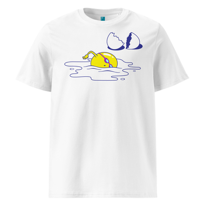 White organic swim shirt featuring a humorous egg swimmer graphic in goggles and cap, eco-friendly t-shirt for swimmers by Lane Line Threads.