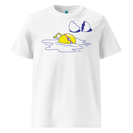 White organic swim shirt featuring a humorous egg swimmer graphic in goggles and cap, eco-friendly t-shirt for swimmers by Lane Line Threads.