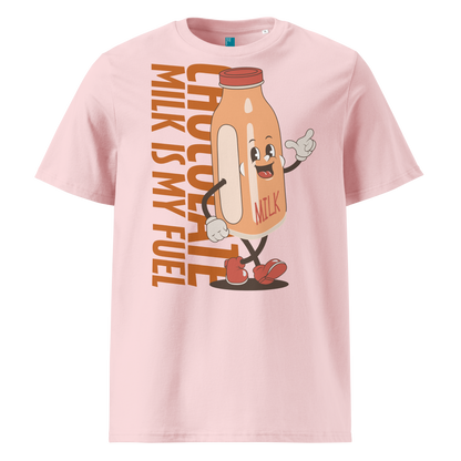 Pink organic swim shirt with vintage cartoon chocolate milk bottle and bold text reading “Chocolate Milk Is My Fuel,” made from 100% biodegradable cotton by Lane Line Threads.