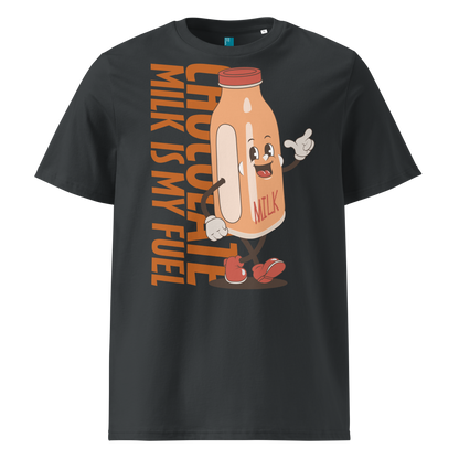 Grey organic swim shirt with vintage cartoon chocolate milk bottle and bold text reading “Chocolate Milk Is My Fuel,” made from 100% biodegradable cotton by Lane Line Threads.