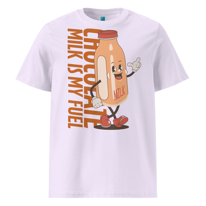 Lavender organic swim shirt with vintage cartoon chocolate milk bottle and bold text reading “Chocolate Milk Is My Fuel,” made from 100% biodegradable cotton by Lane Line Threads.