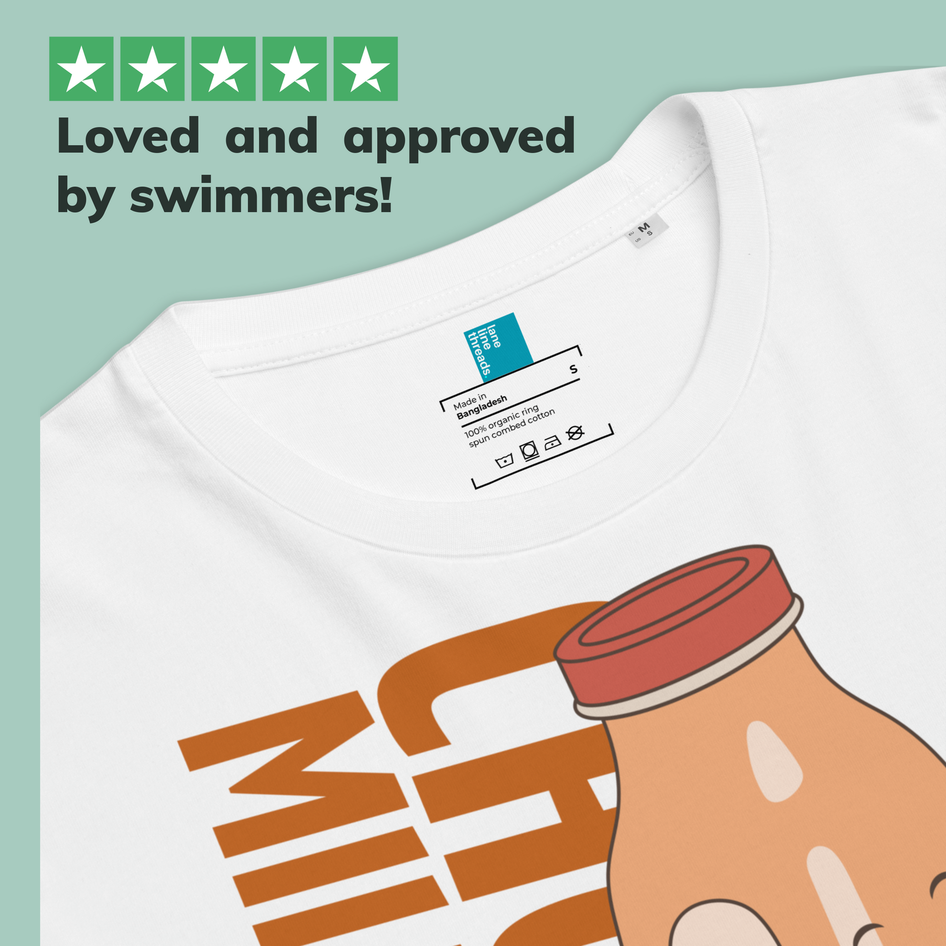 White organic swim shirt with a cartoon chocolate milk character and text 'Loved and approved by swimmers!' on a green background