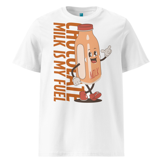 White organic swim shirt with vintage cartoon chocolate milk bottle and bold text reading “Chocolate Milk Is My Fuel,” made from 100% biodegradable cotton by Lane Line Threads.