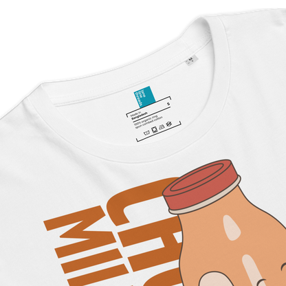 White organic swim shirt with a graphic design of a bottle and text, close-up view.