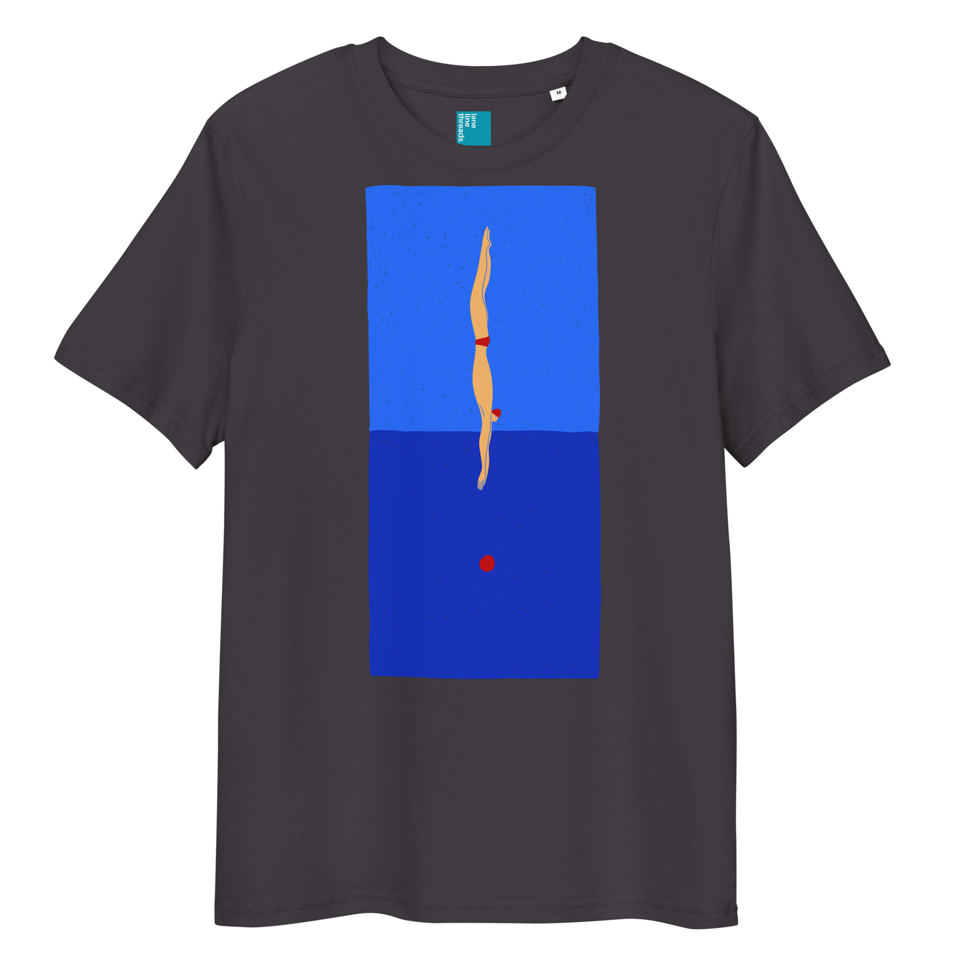 Anthracite organic swim shirt featuring a stylized illustration of a swimmer in a red swimsuit performing a perfect dive into dark blue water, with a red dot representing the splash. 