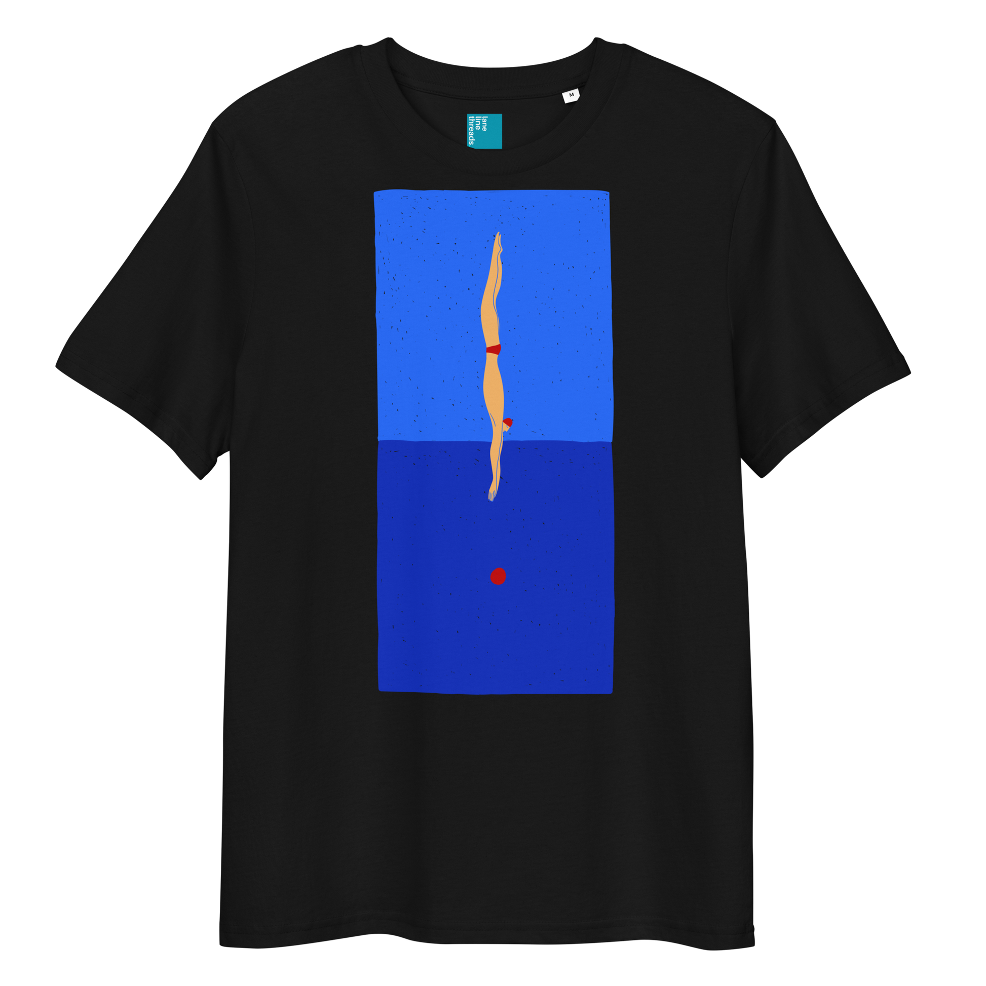 Black organic swim shirt featuring a stylized illustration of a swimmer in a red swimsuit performing a perfect dive into dark blue water, with a red dot representing the splash. 