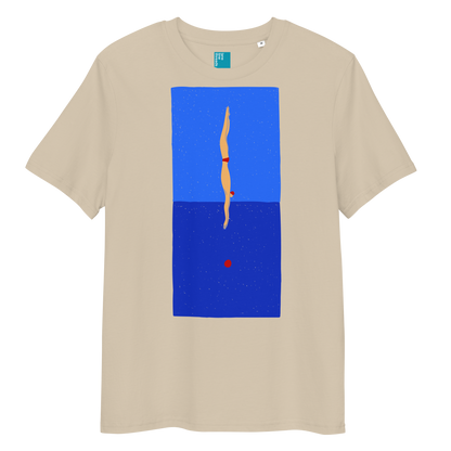 Beige organic swim shirt featuring a stylized illustration of a swimmer in a red swimsuit performing a perfect dive into dark blue water, with a red dot representing the splash. 