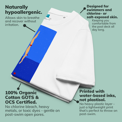 White organic swim shirt with an artistic swimmer print on a light green background, featuring text about product features.