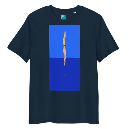 Navy organic swim shirt featuring a stylized illustration of a swimmer in a red swimsuit performing a perfect dive into dark blue water, with a red dot representing the splash. 