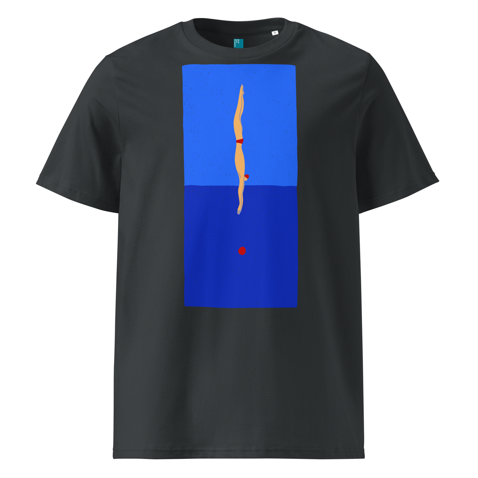 Grey organic swim shirt with minimalist diver graphic over blue color‑block design, made from 100% biodegradable cotton for eco‑conscious swimmers.