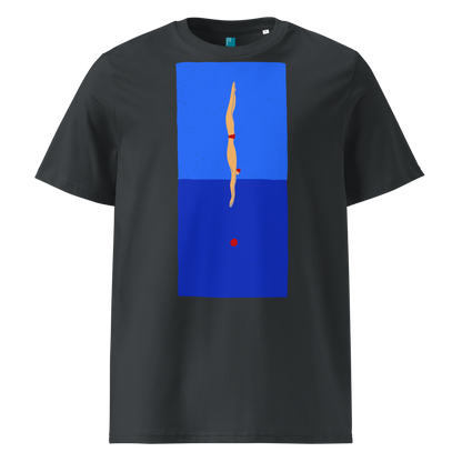 Grey organic swim shirt with minimalist diver graphic over blue color‑block design, made from 100% biodegradable cotton for eco‑conscious swimmers.