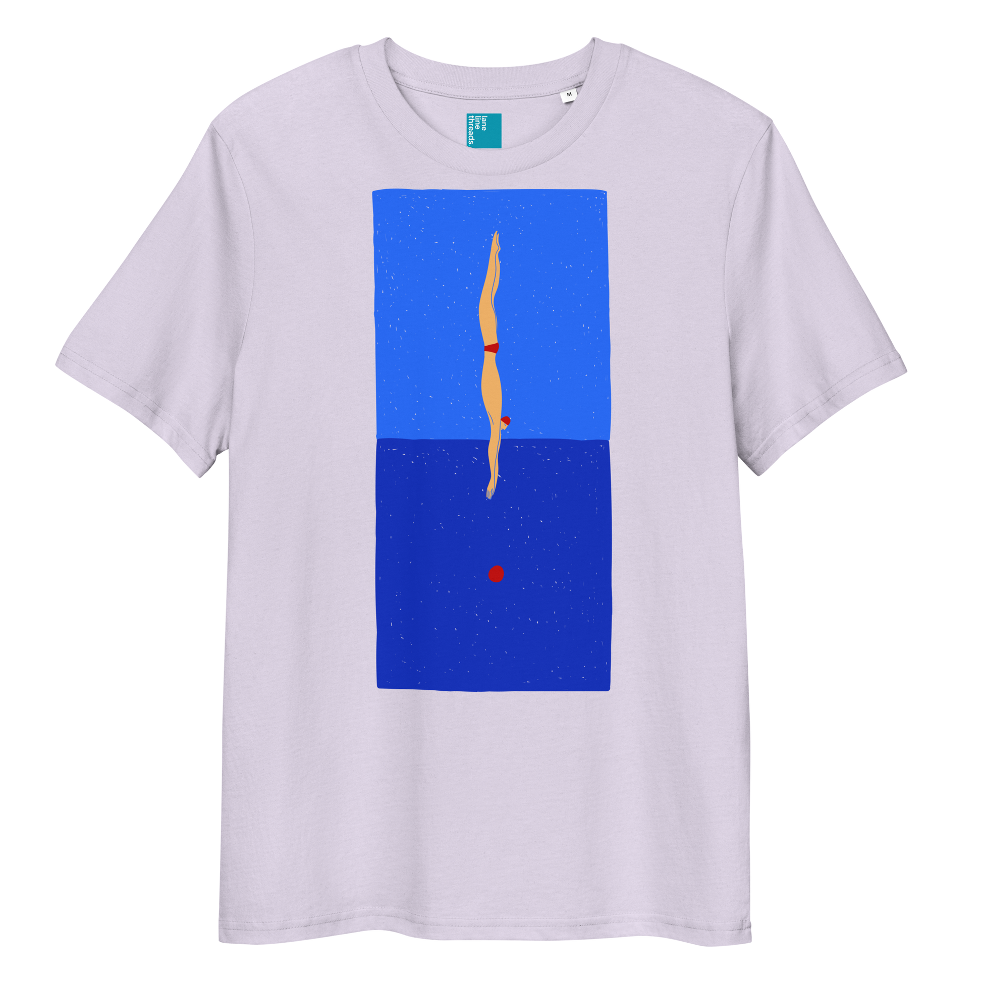 Lavender organic swim shirt featuring a stylized illustration of a swimmer in a red swimsuit performing a perfect dive into dark blue water, with a red dot representing the splash. 