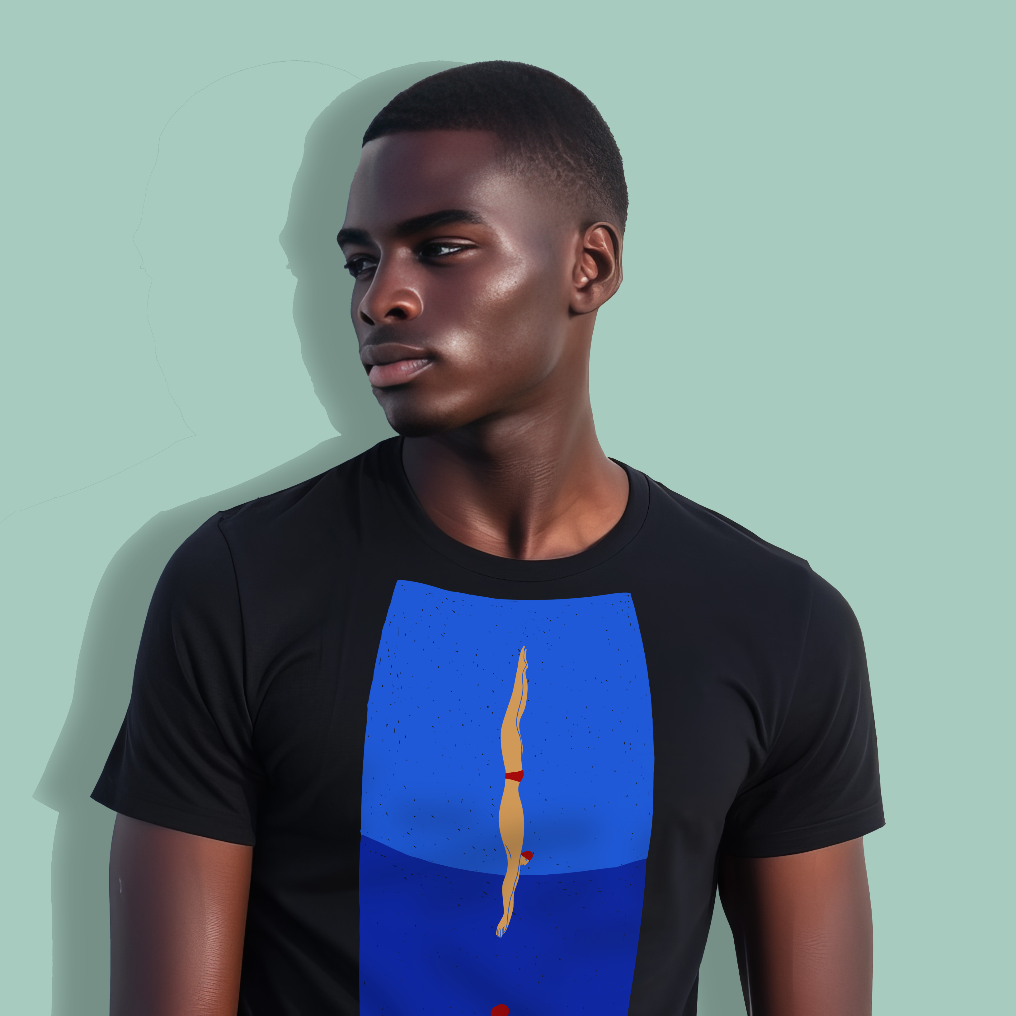 Eco-friendly black swim shirt featuring a stylized diver in red swimsuit plunging into vibrant blue water. Artistic swimwear for competitive swimmers, coaches, and aquatic enthusiasts - perfect for poolside style, open water adventures, and sustainable fashion lovers.