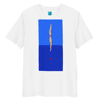 A white organic swim shirt featuring a stylized illustration of a swimmer in a red swimsuit performing a perfect dive into dark blue water, with a red dot representing the splash. 